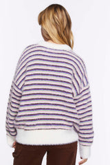 Fuzzy Striped Floral Graphic Sweater