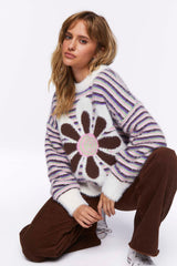 Fuzzy Striped Floral Graphic Sweater