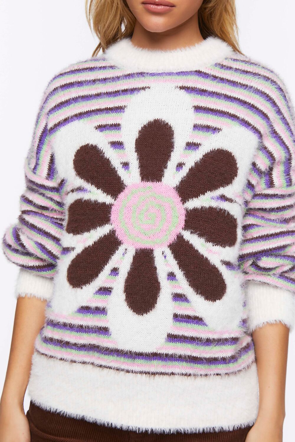 Fuzzy Striped Floral Graphic Sweater