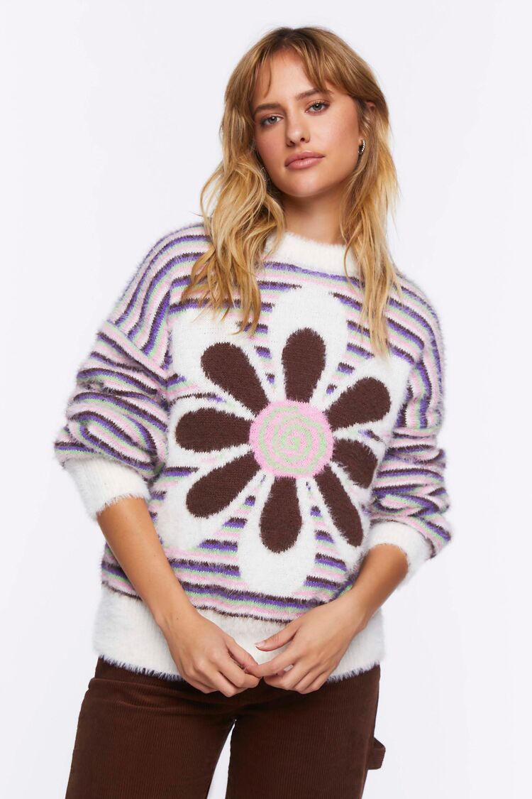 Fuzzy Striped Floral Graphic Sweater