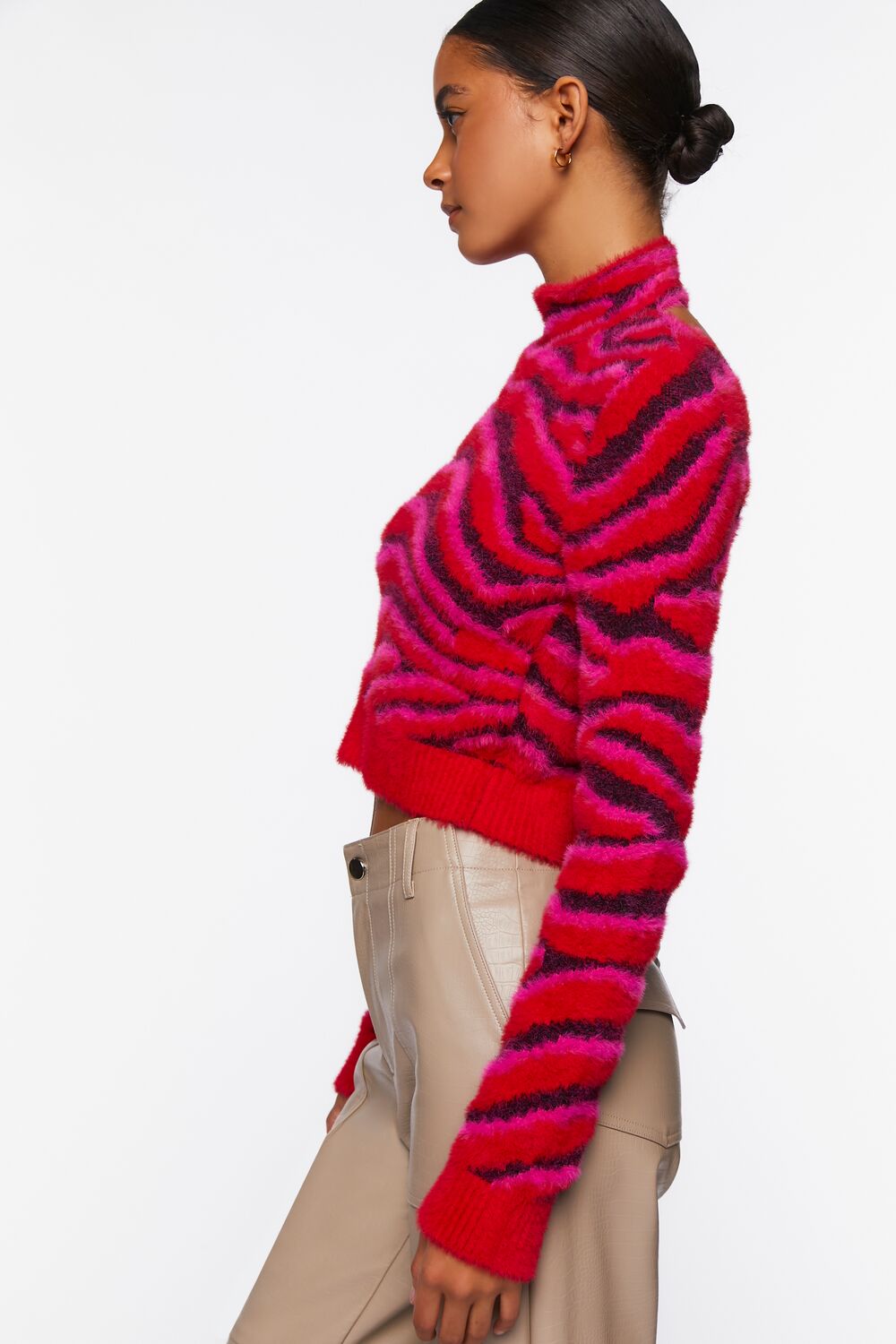 Fuzzy Zebra Print Cutout Sweater