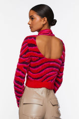 Fuzzy Zebra Print Cutout Sweater