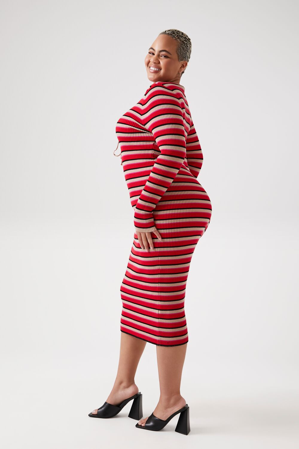 Plus Size Striped Lace-Up Sweater Dress