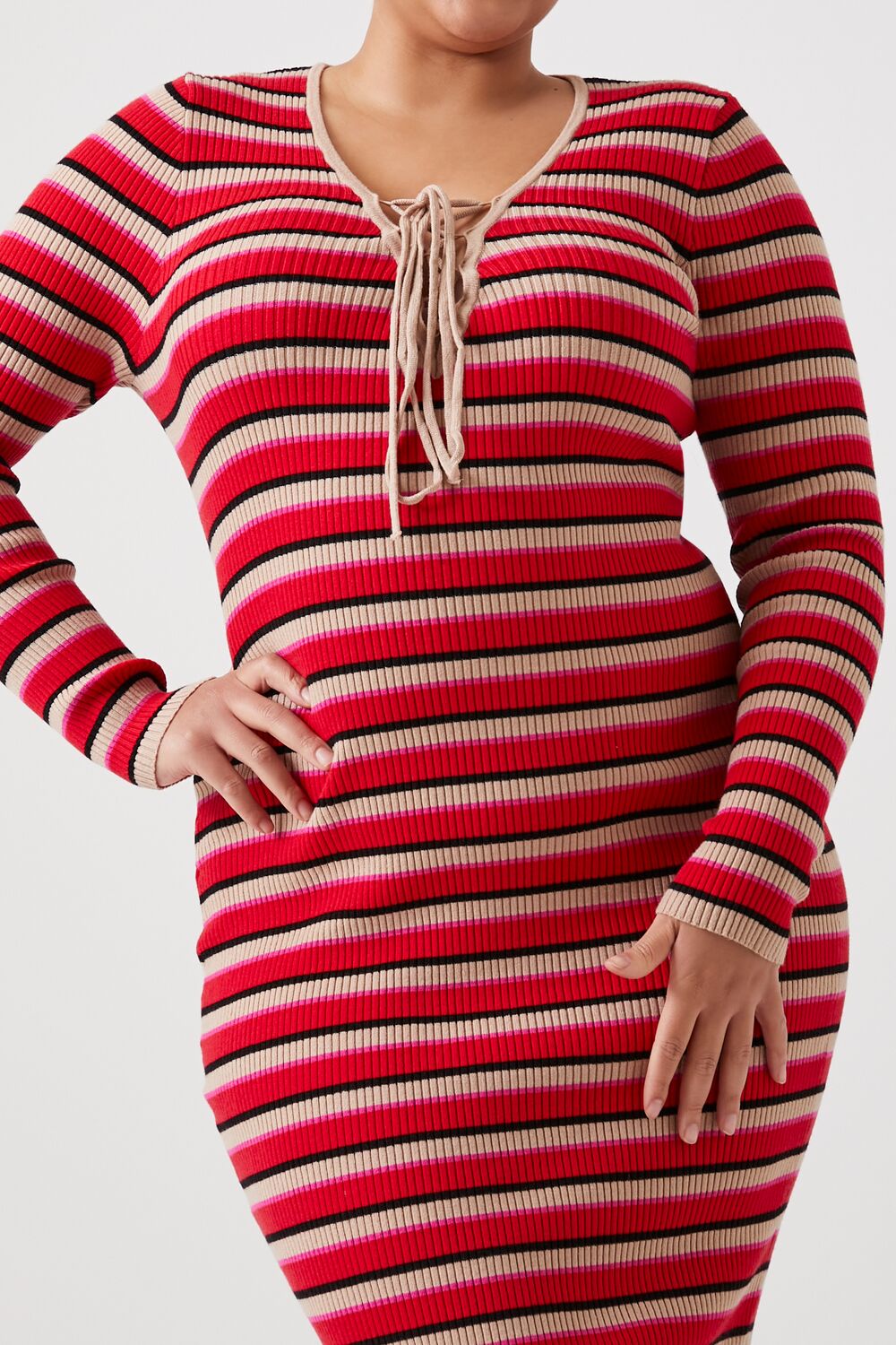 Plus Size Striped Lace-Up Sweater Dress