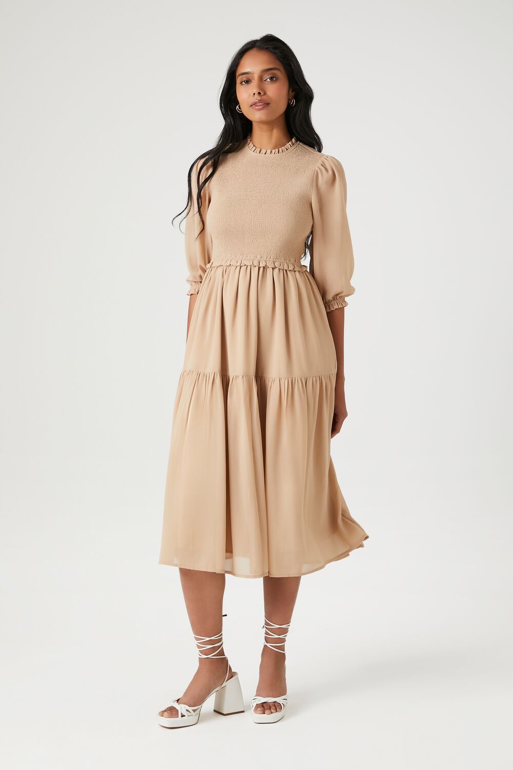 Smocked Chiffon Peasant-Sleeve Dress