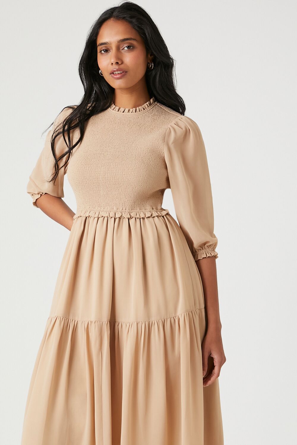 Smocked Chiffon Peasant-Sleeve Dress