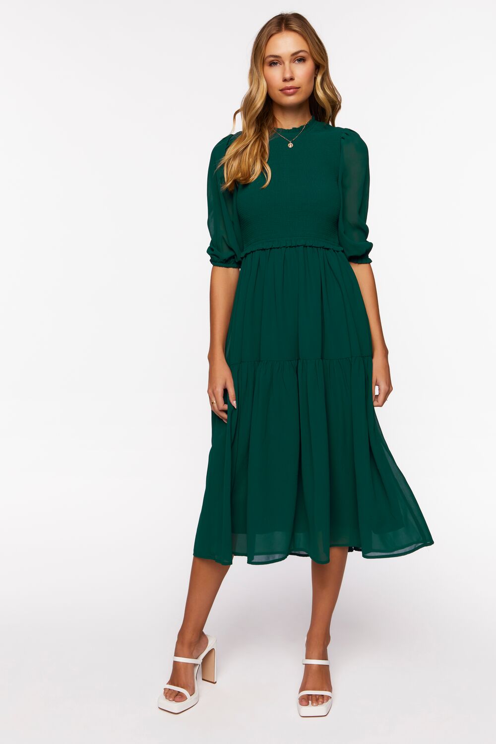 Smocked Chiffon Peasant-Sleeve Dress