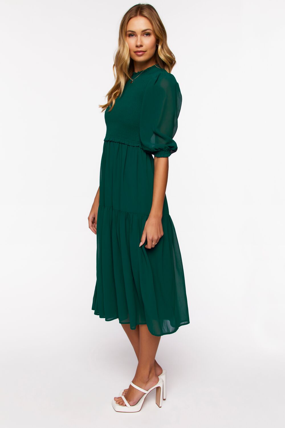 Smocked Chiffon Peasant-Sleeve Dress