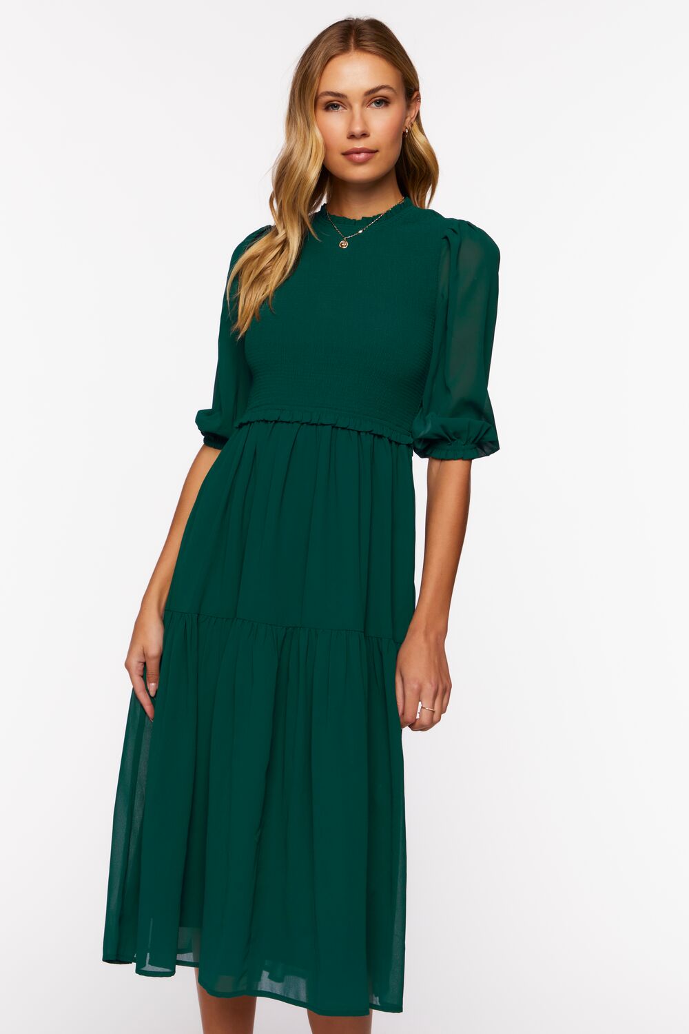 Smocked Chiffon Peasant-Sleeve Dress