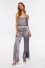 Satin Mid-Rise Split-Hem Pants