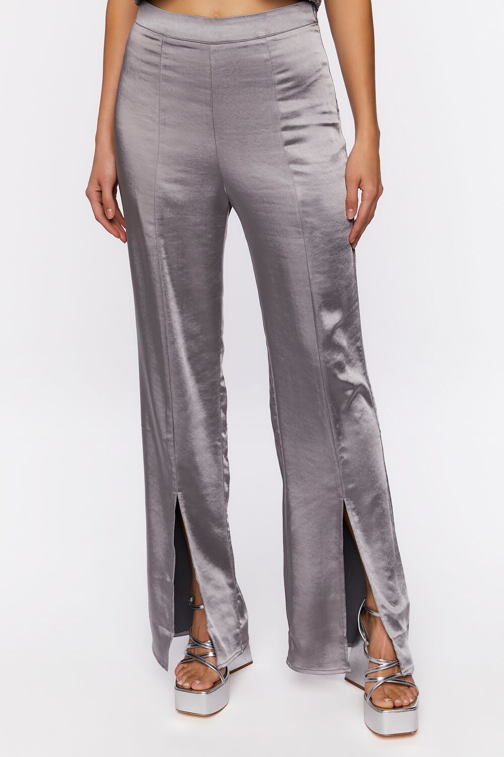 Satin Mid-Rise Split-Hem Pants