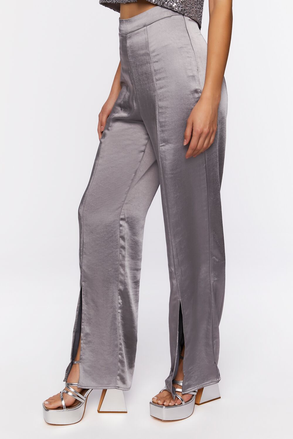 Satin Mid-Rise Split-Hem Pants