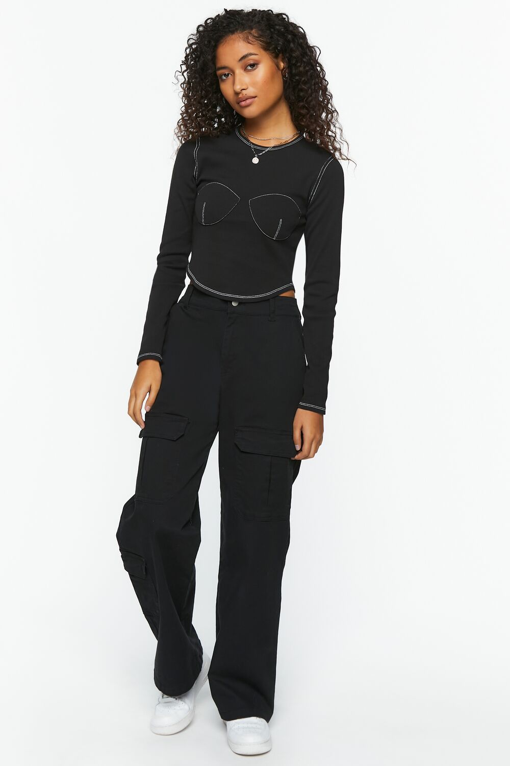 Bustier-Stitched Long-Sleeve Top
