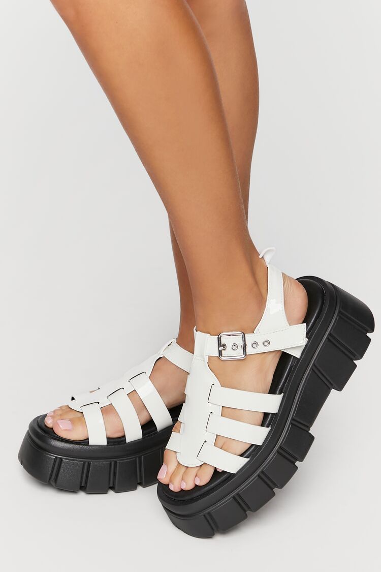 Faux Patent Leather Caged Lug-Sole Sandals