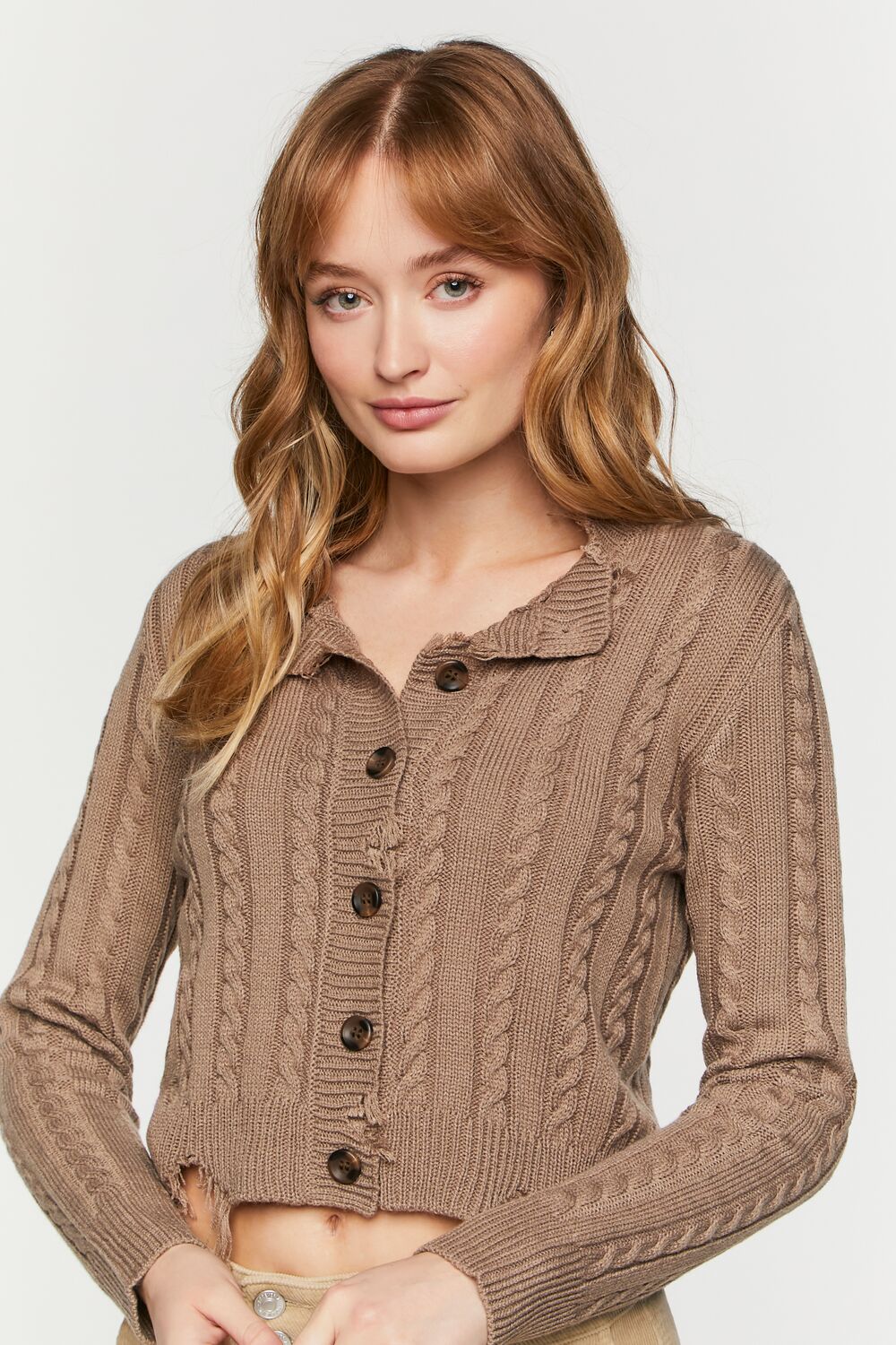 Distressed Cable Knit Cardigan Sweater