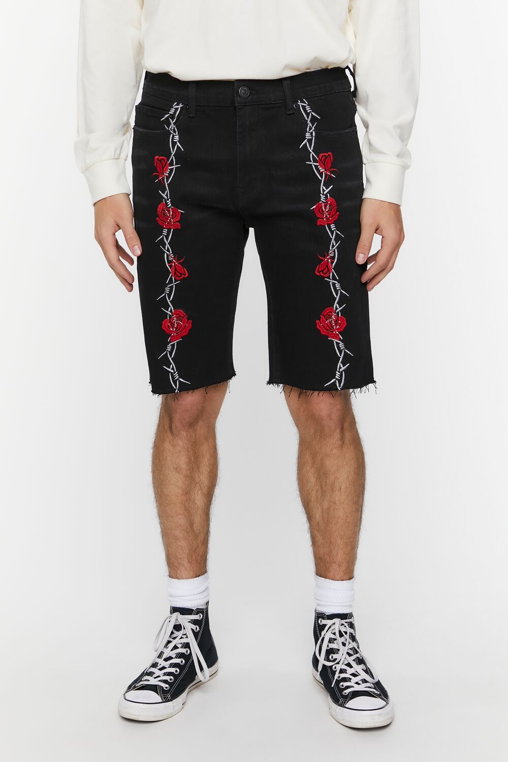 Embroidered Wire & Roses Denim Shorts