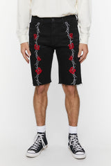 Embroidered Wire & Roses Denim Shorts