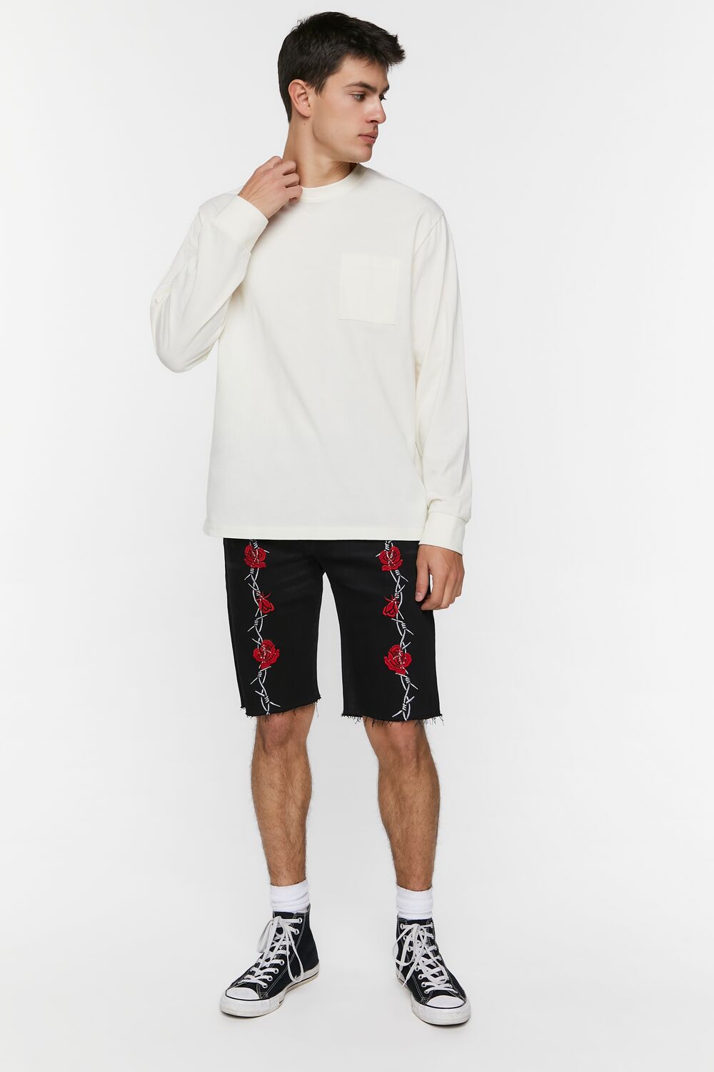 Embroidered Wire & Roses Denim Shorts