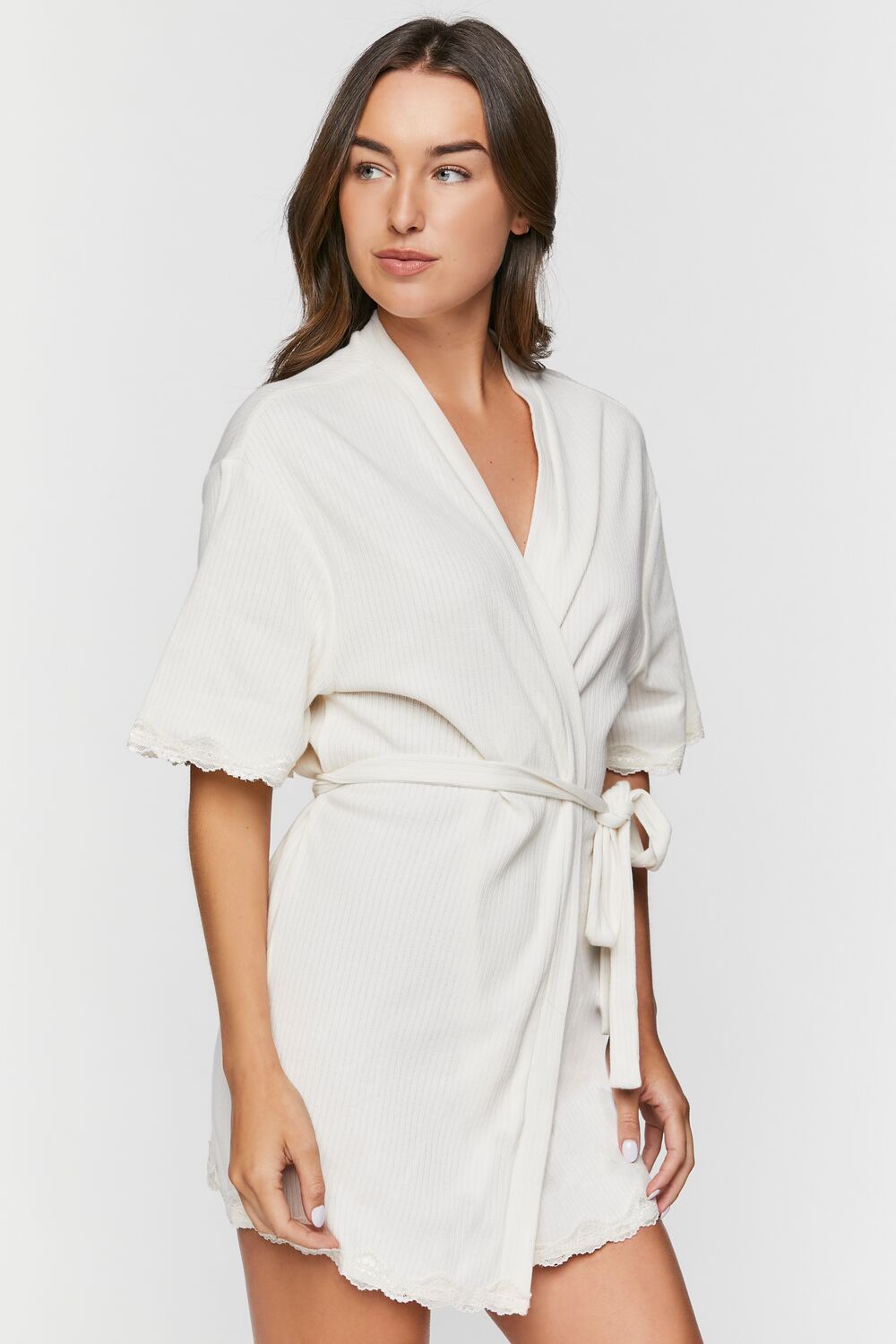 Scalloped-Trim Ribbed Lingerie Robe