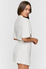 Scalloped-Trim Ribbed Lingerie Robe