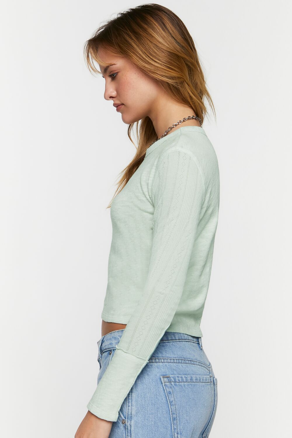 Pointelle Long-Sleeve Crop Top