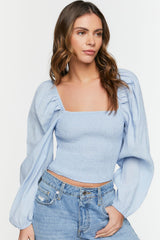 Puff-Sleeve Smocked Crop Top