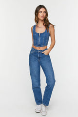 Denim Zip-Up Bustier Crop Top