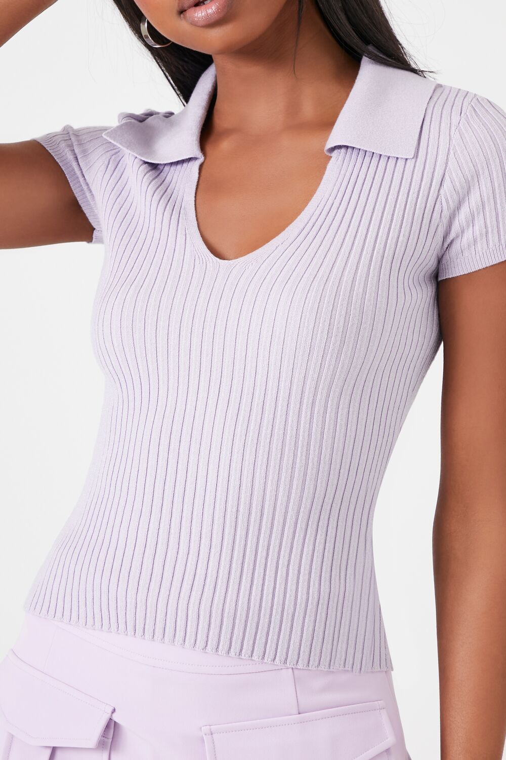 Sweater-Knit Split-Neck Top