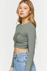 Ruched Rib-Knit Long-Sleeve Crop Top