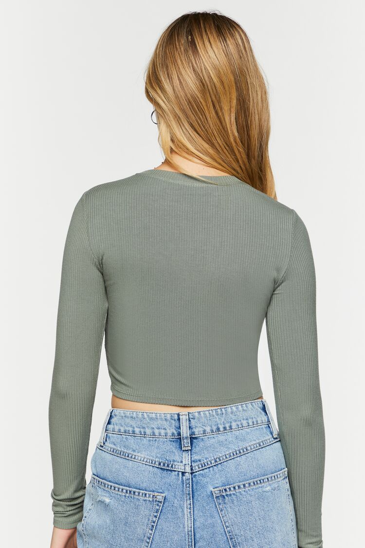 Ruched Rib-Knit Long-Sleeve Crop Top