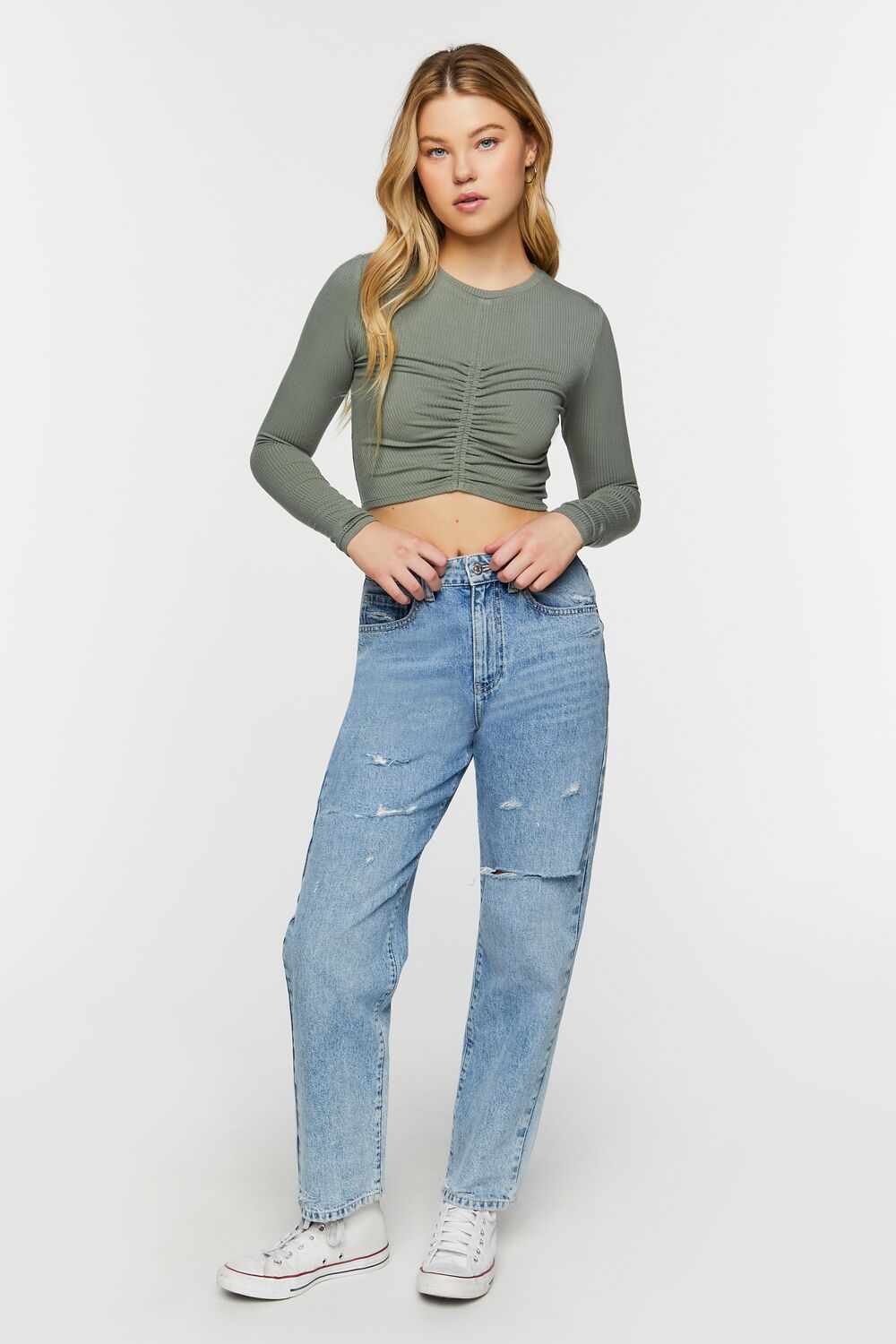 Ruched Rib-Knit Long-Sleeve Crop Top