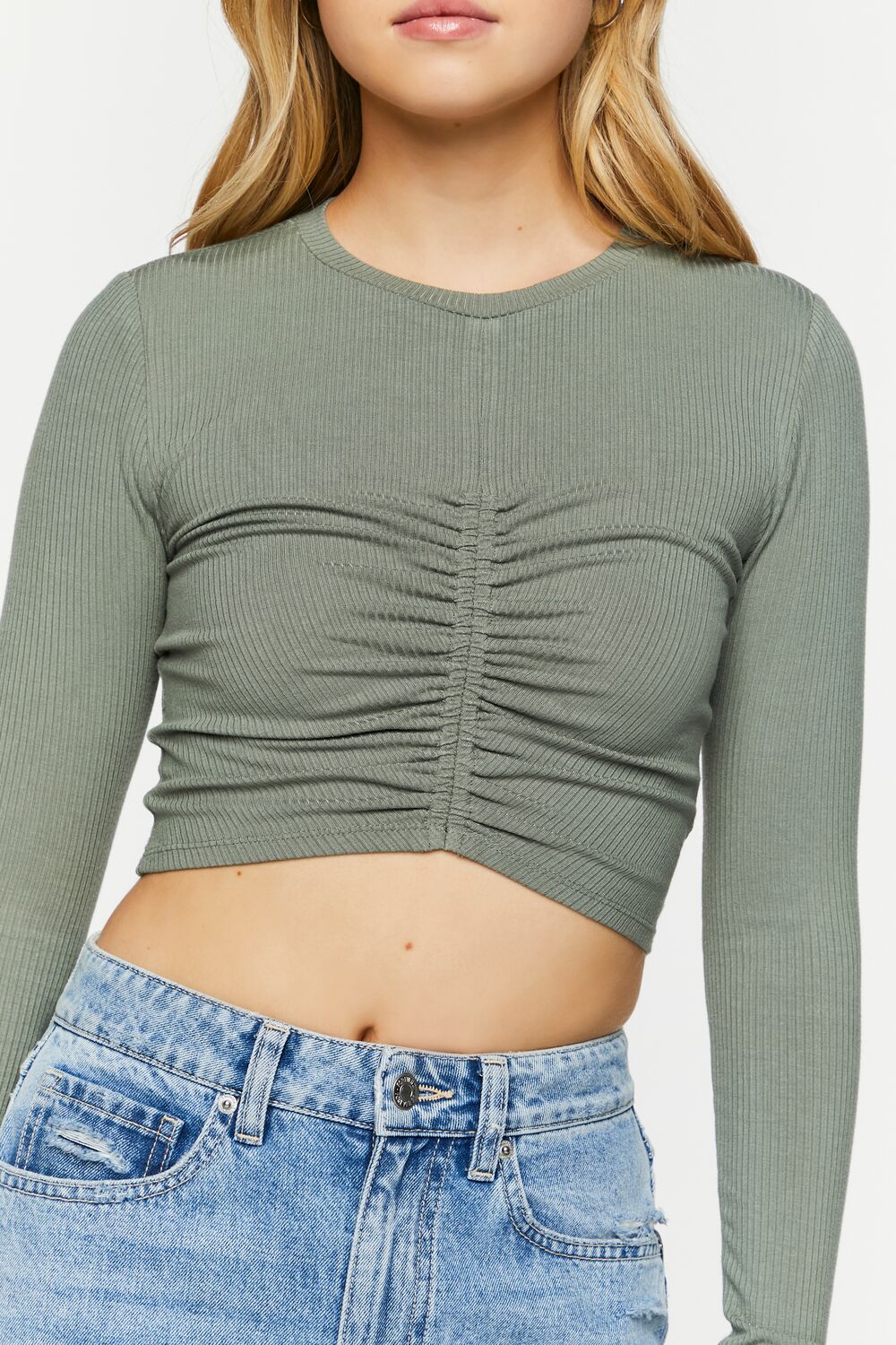 Ruched Rib-Knit Long-Sleeve Crop Top