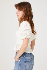 Crinkled Puff-Sleeve Crop Top
