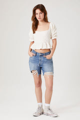 Crinkled Puff-Sleeve Crop Top