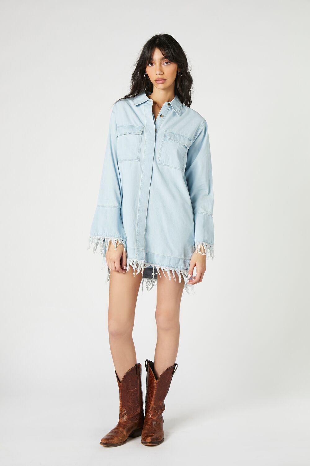 Trumpet-Sleeve Denim Mini Dress