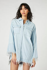 Trumpet-Sleeve Denim Mini Dress