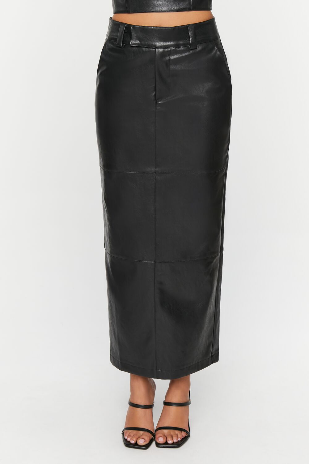 Faux Leather Slit Midi Skirt