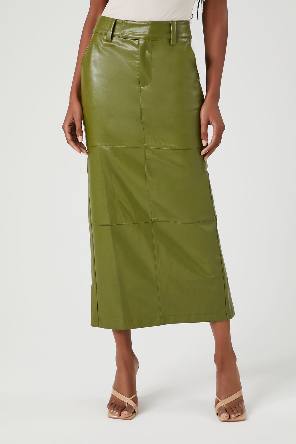 Faux Leather Slit Midi Skirt