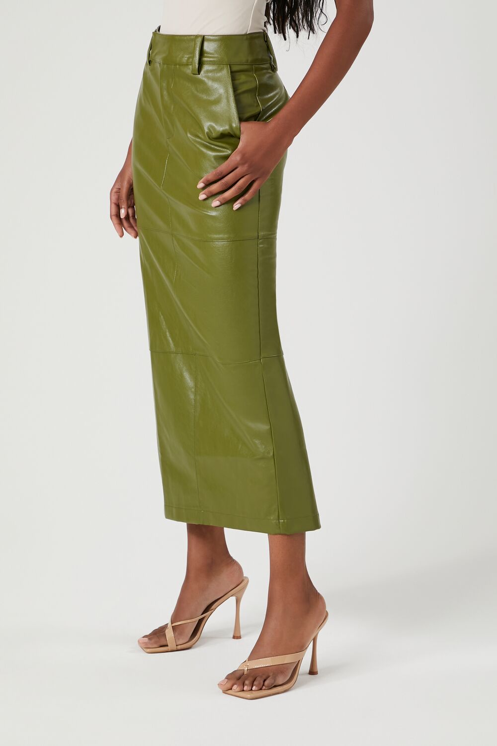 Faux Leather Slit Midi Skirt