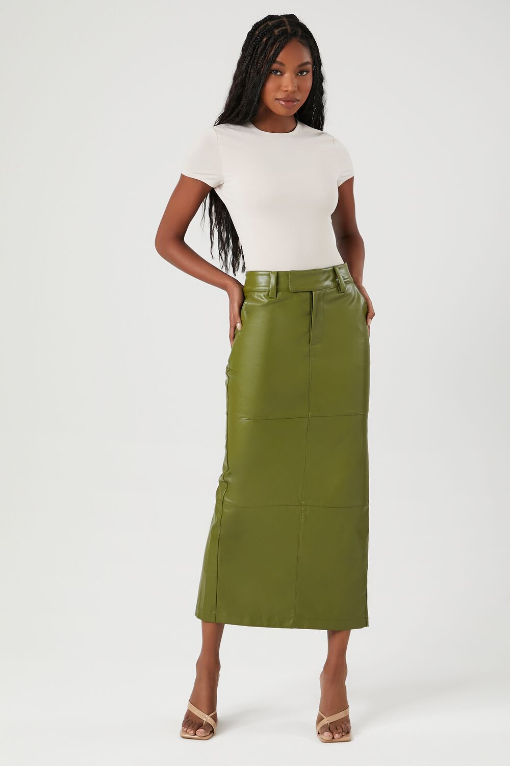 Faux Leather Slit Midi Skirt