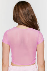 Sheer Mesh Button-Loop Crop Top