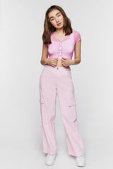 Sheer Mesh Button-Loop Crop Top