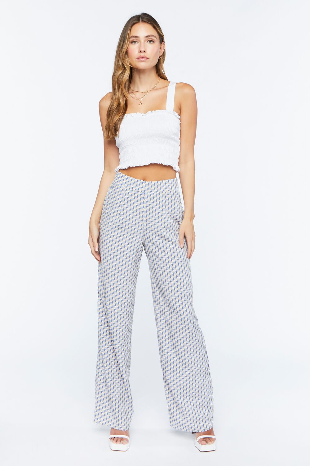 Geo Print Satin Straight-Leg Pants