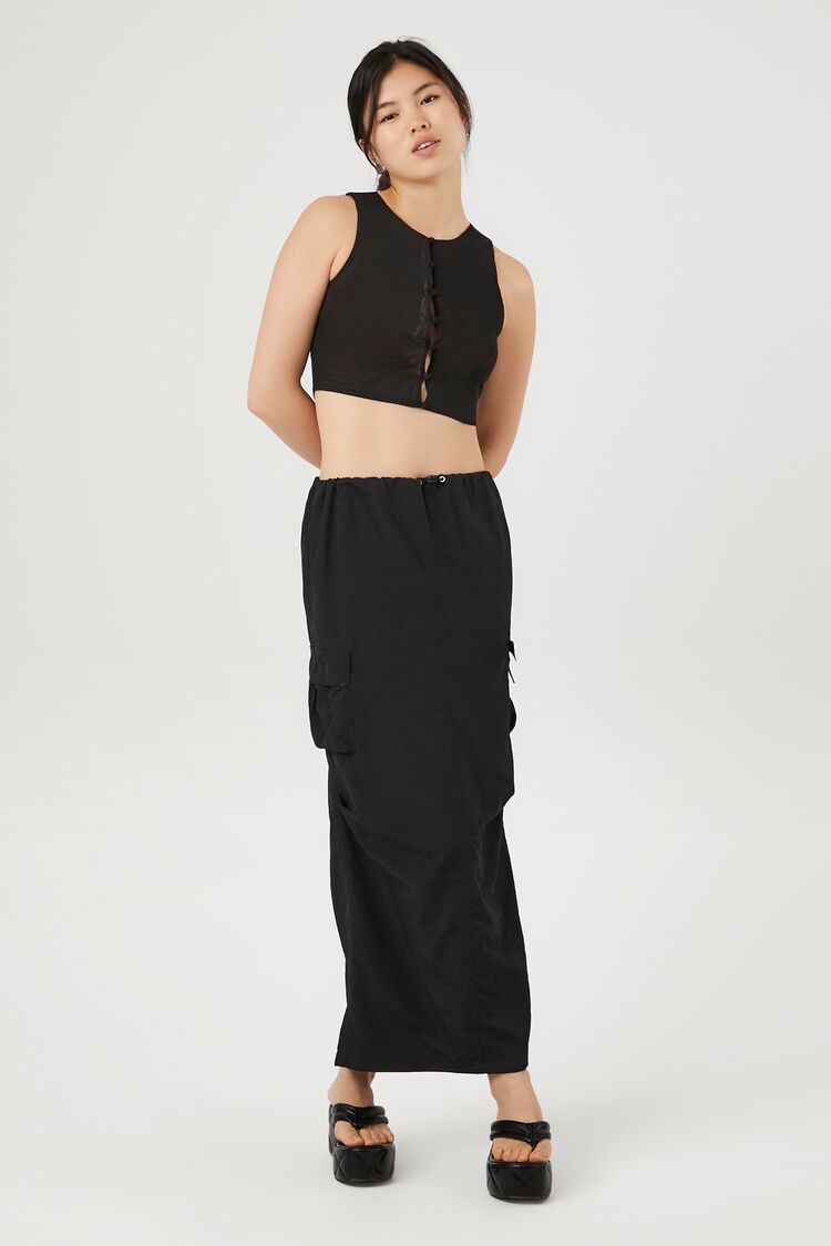 Button-Front Mesh Crop Top