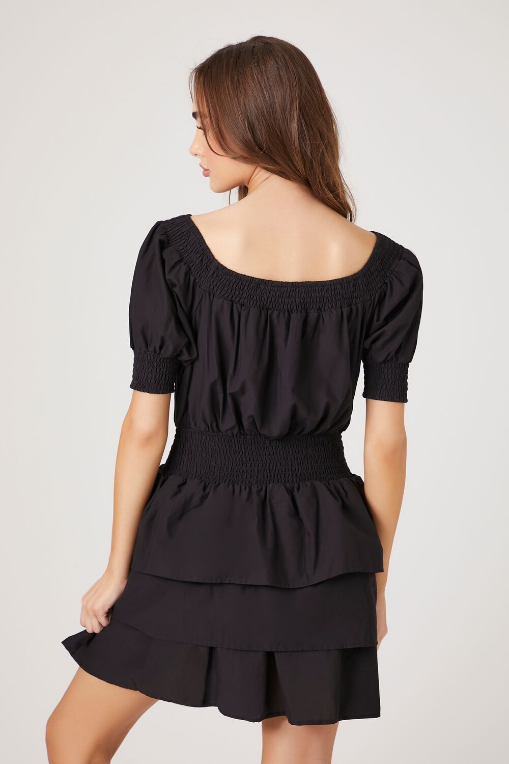 Smocked Puff-Sleeve Mini Dress