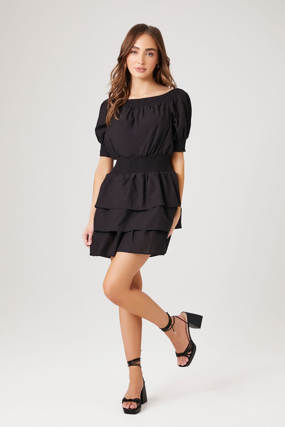 Smocked Puff-Sleeve Mini Dress