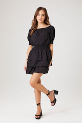 Smocked Puff-Sleeve Mini Dress