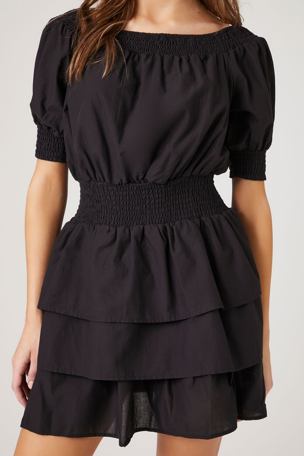 Smocked Puff-Sleeve Mini Dress