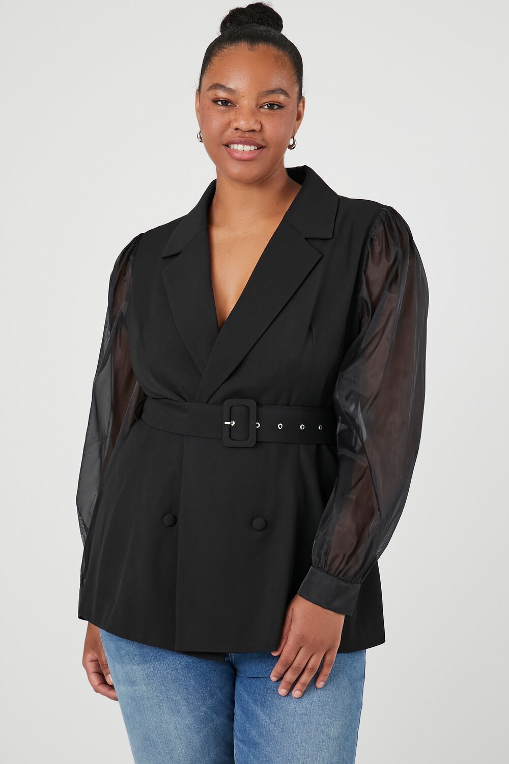 Plus Size Belted Sheer-Sleeve Blazer