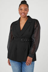 Plus Size Belted Sheer-Sleeve Blazer